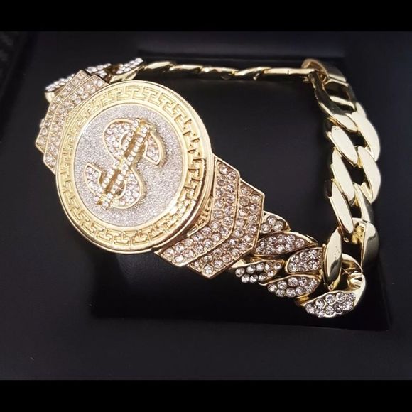 Money Time Iced Out Men’s Gold Cuban Bracelet NEW - Picture 2 of 4
